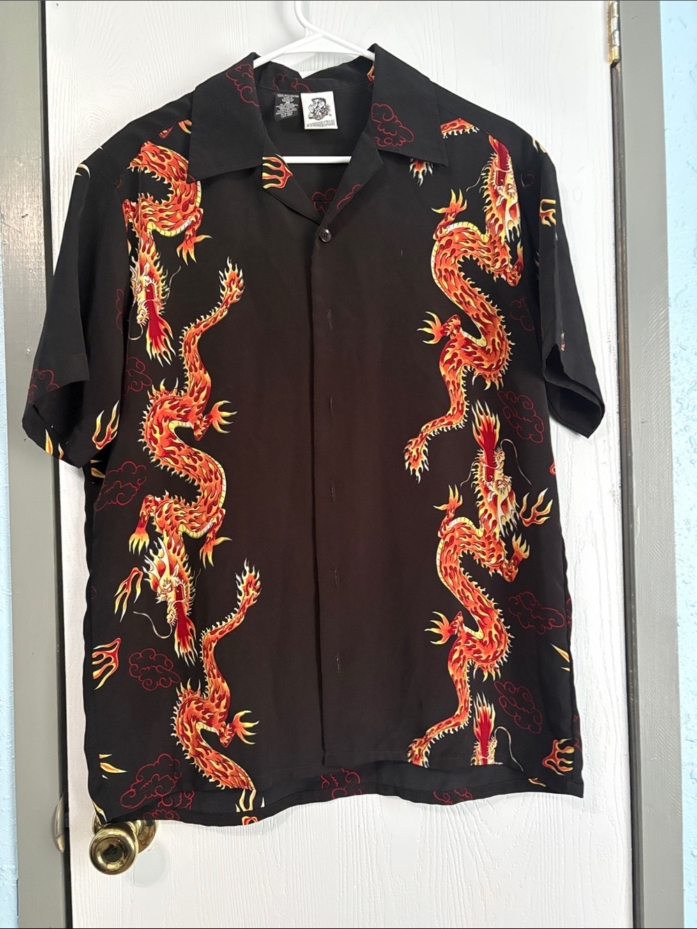 Black Short-Sleeve Button-Up Shirt with Red Dragon Print